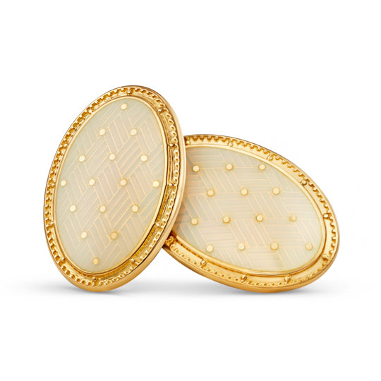 BASKET WEAVE CREAM ENAMEL 18ct YELLOW GOLD CUFFLINKS - main