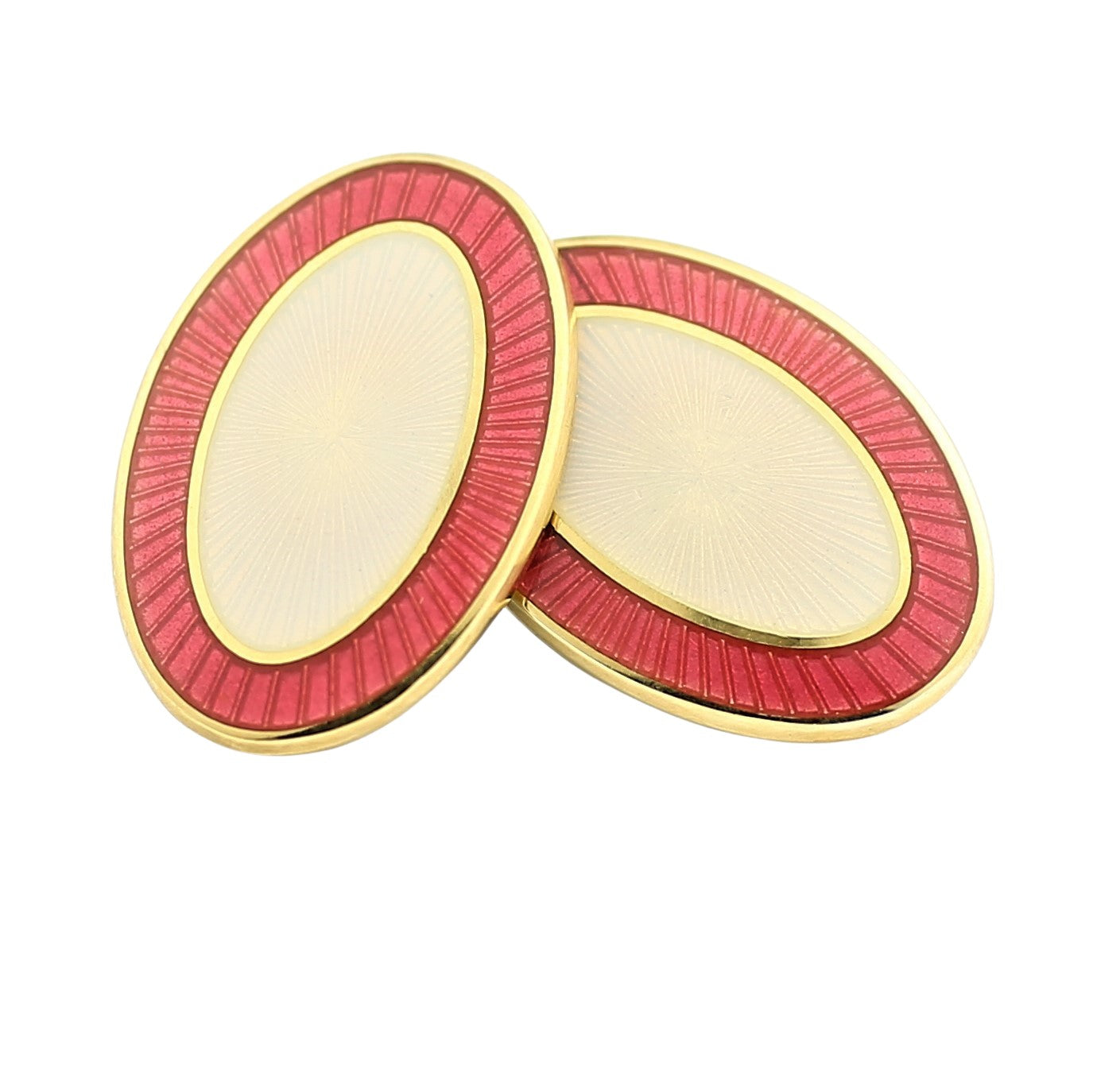 DOUBLE OVAL SALMON PINK/CREAM ENAMEL 18ct YELLOW GOLD CUFFLINKS - MAIN