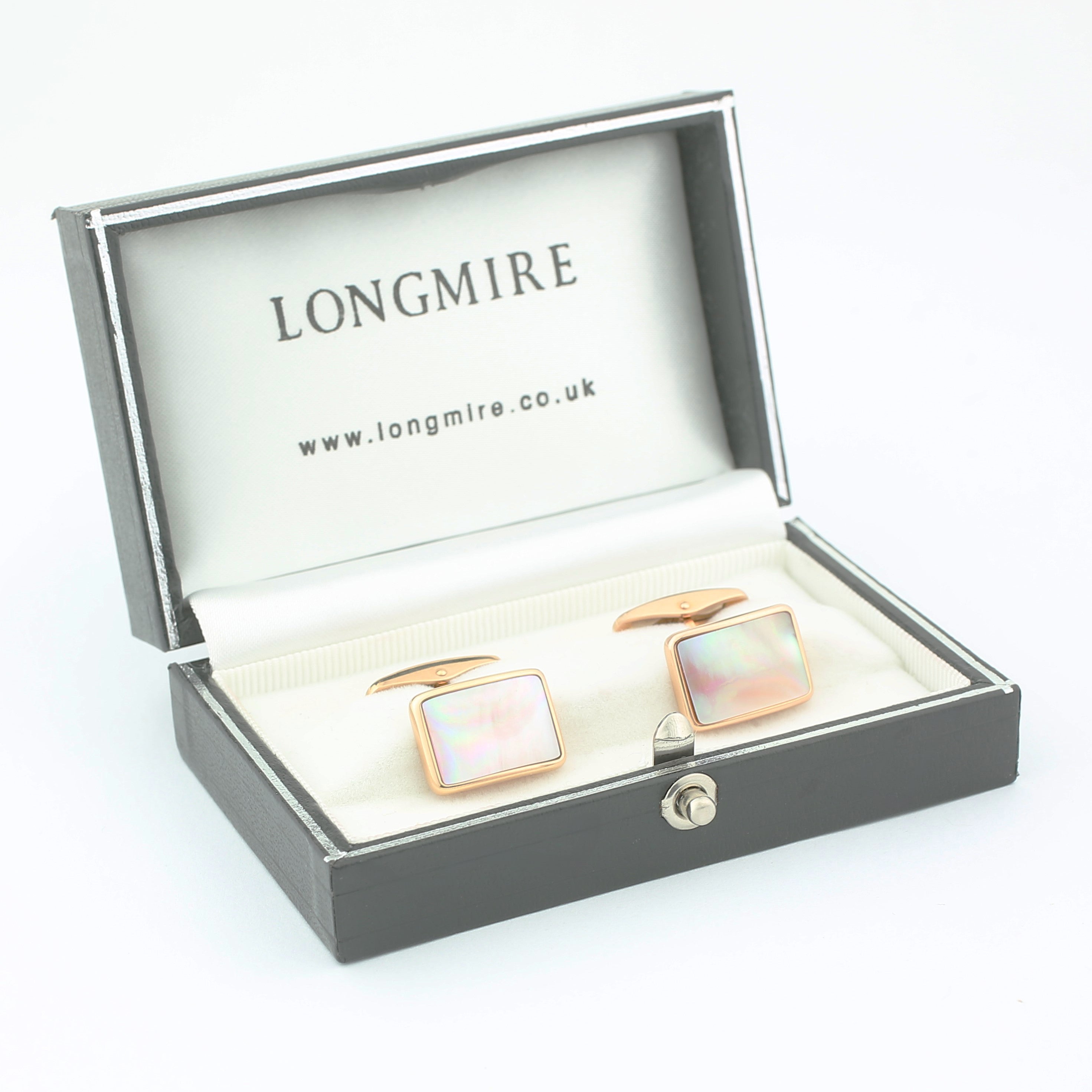 pink mother of pearl curved oblong 18ct rose gold cufflinks - boxed