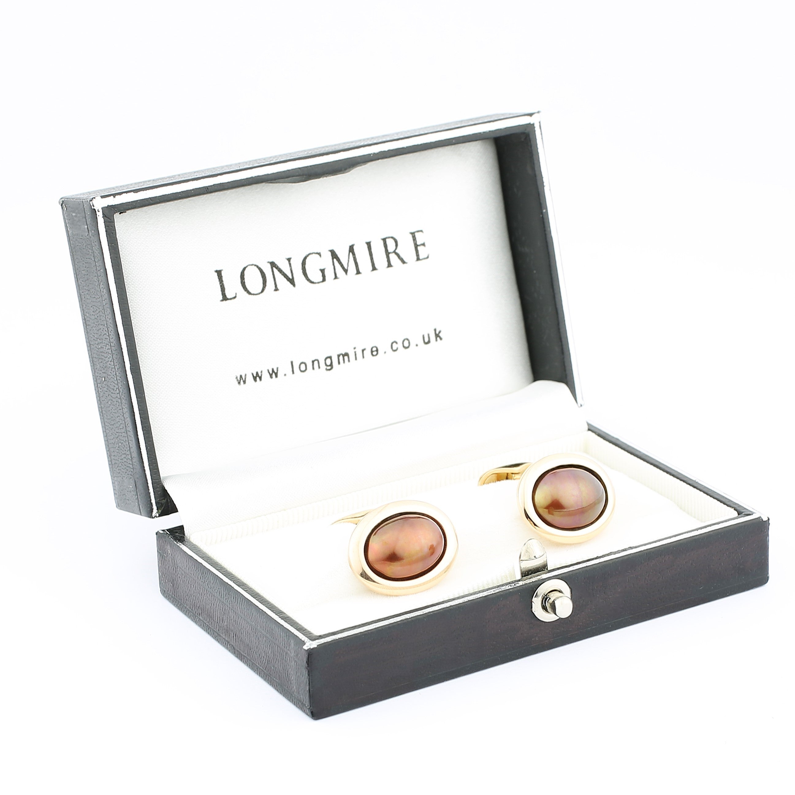 oval fresh water chocolate pearl cabochon 18k rose gold cufflinks - boxed