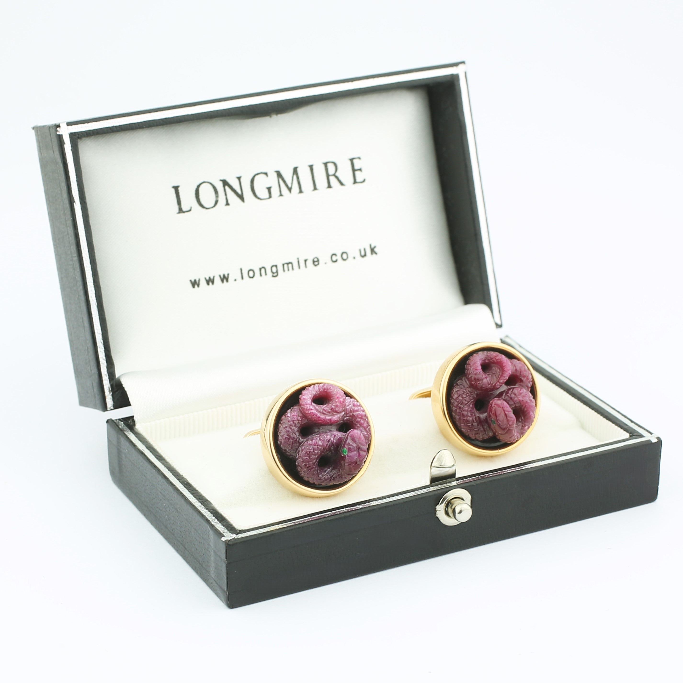 snoozing serpent ruby with emerald eyes onyx disc 18ct rose gold cufflinks - boxed