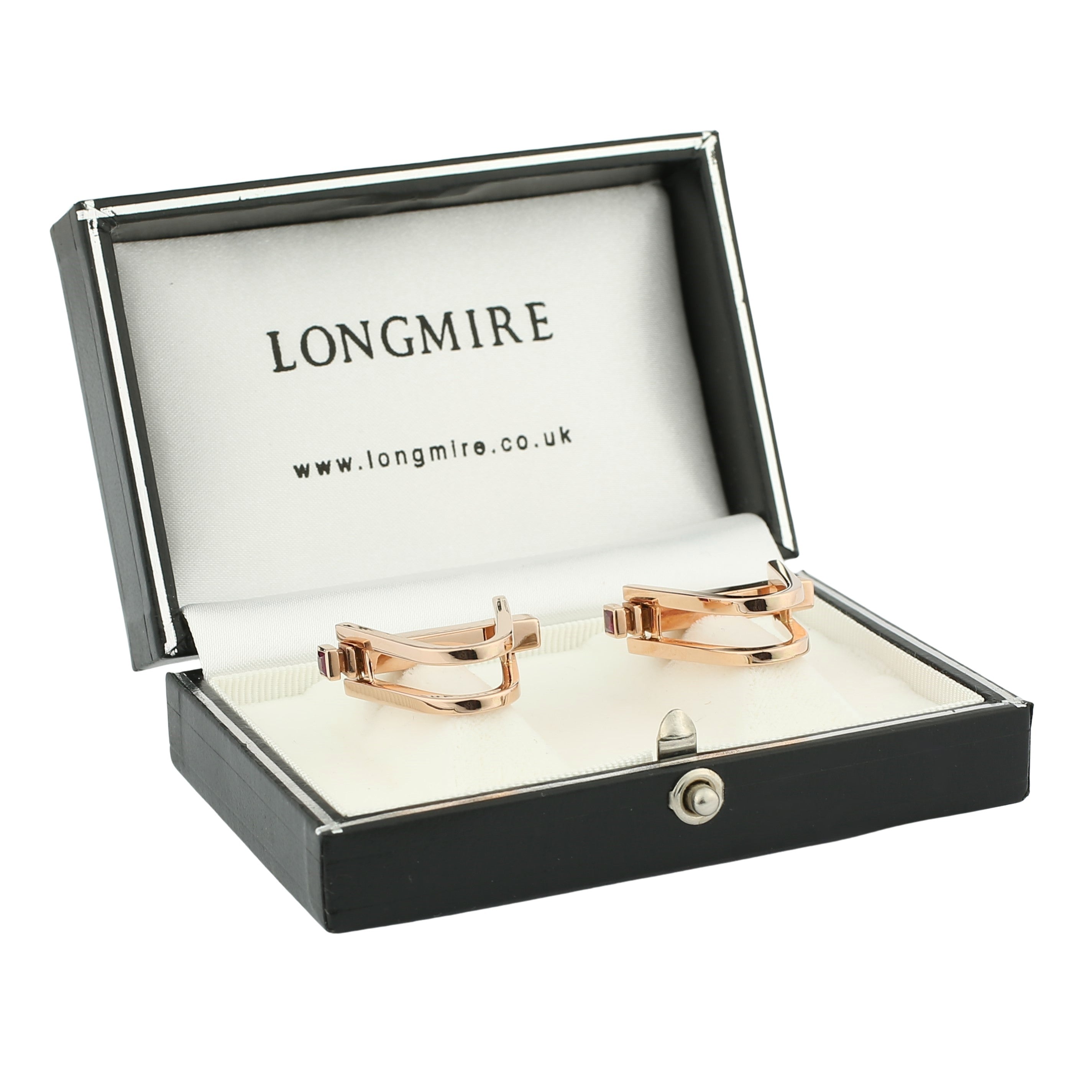 double stirrup ruby terminals 18ct rose gold cufflinks - boxed