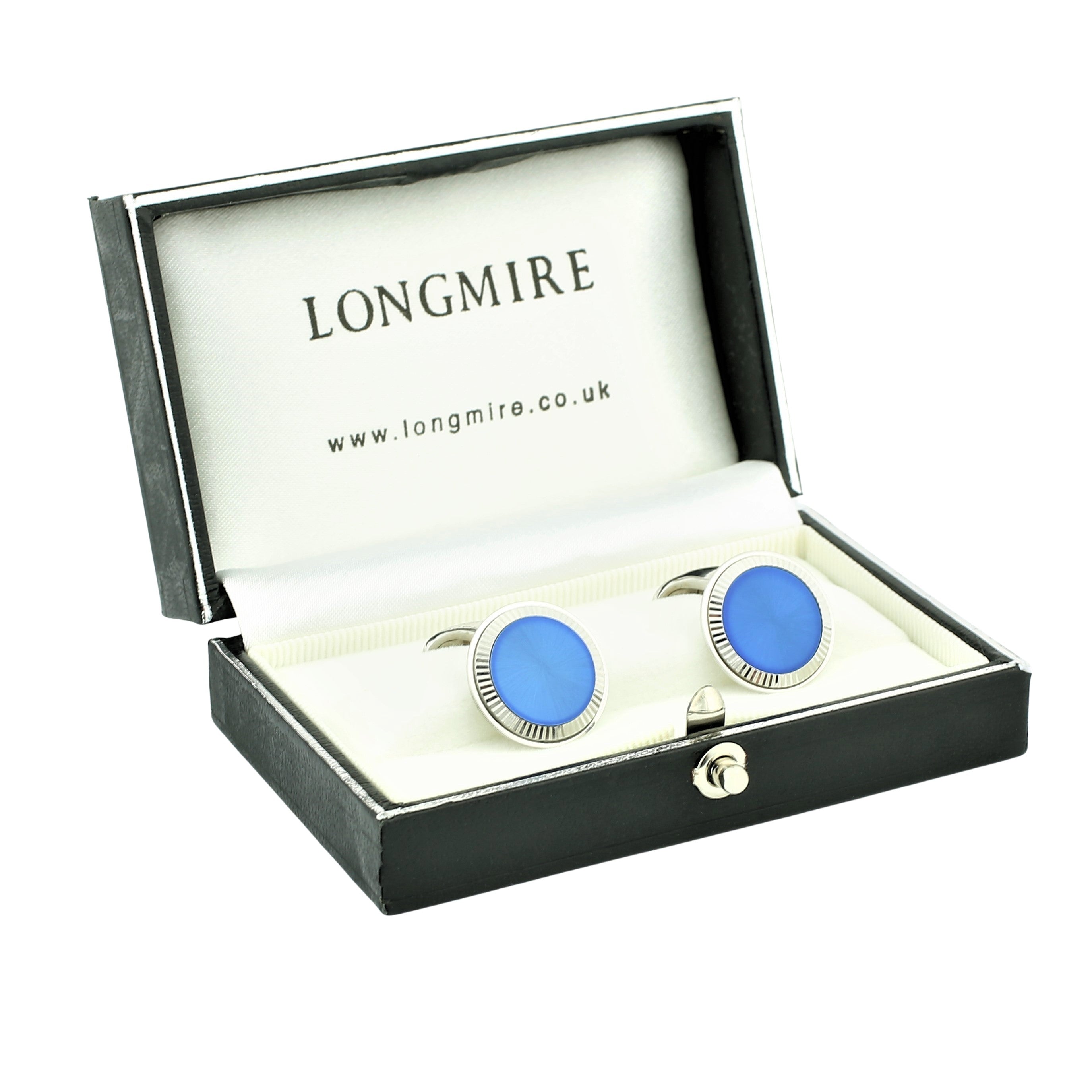 BLUE ENAMEL FLUTED 18ct WHITE GOLD CUFFLINKS - boxed