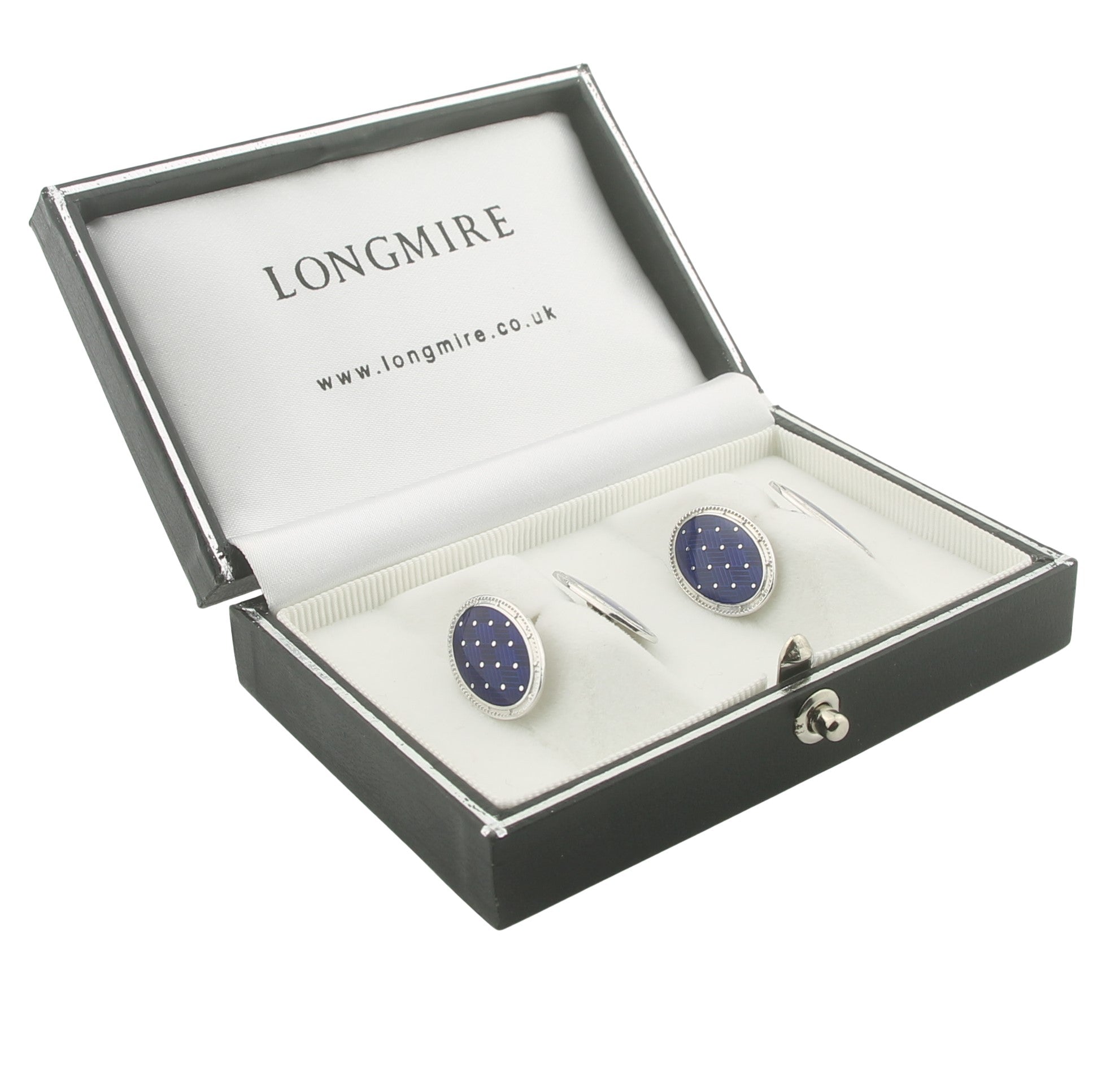 BASKET BLUE ENAMEL 18ct WHITE GOLD CUFFLINKS- boxed