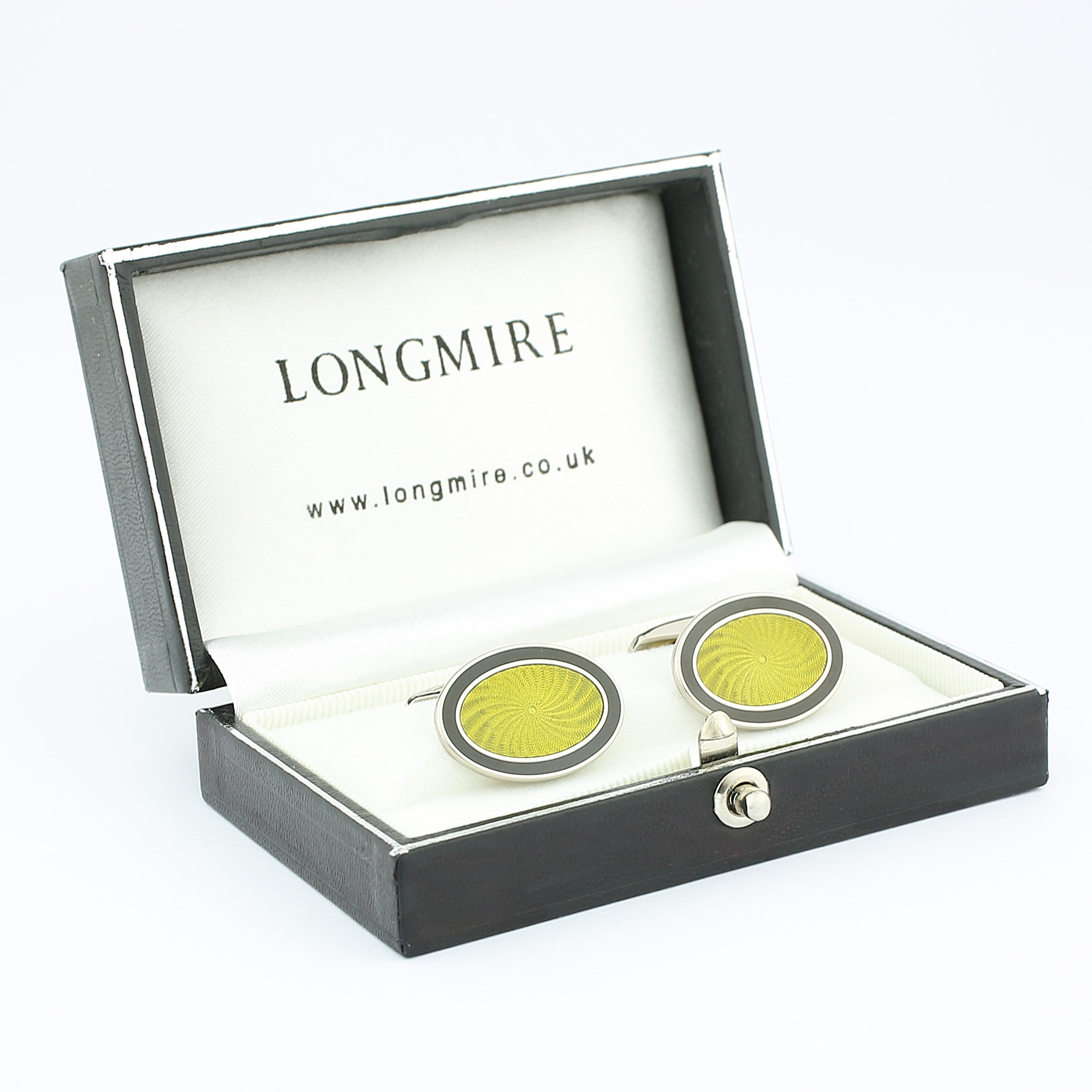 swirling lime and black enamelled 18ct white gold cufflinks - boxed