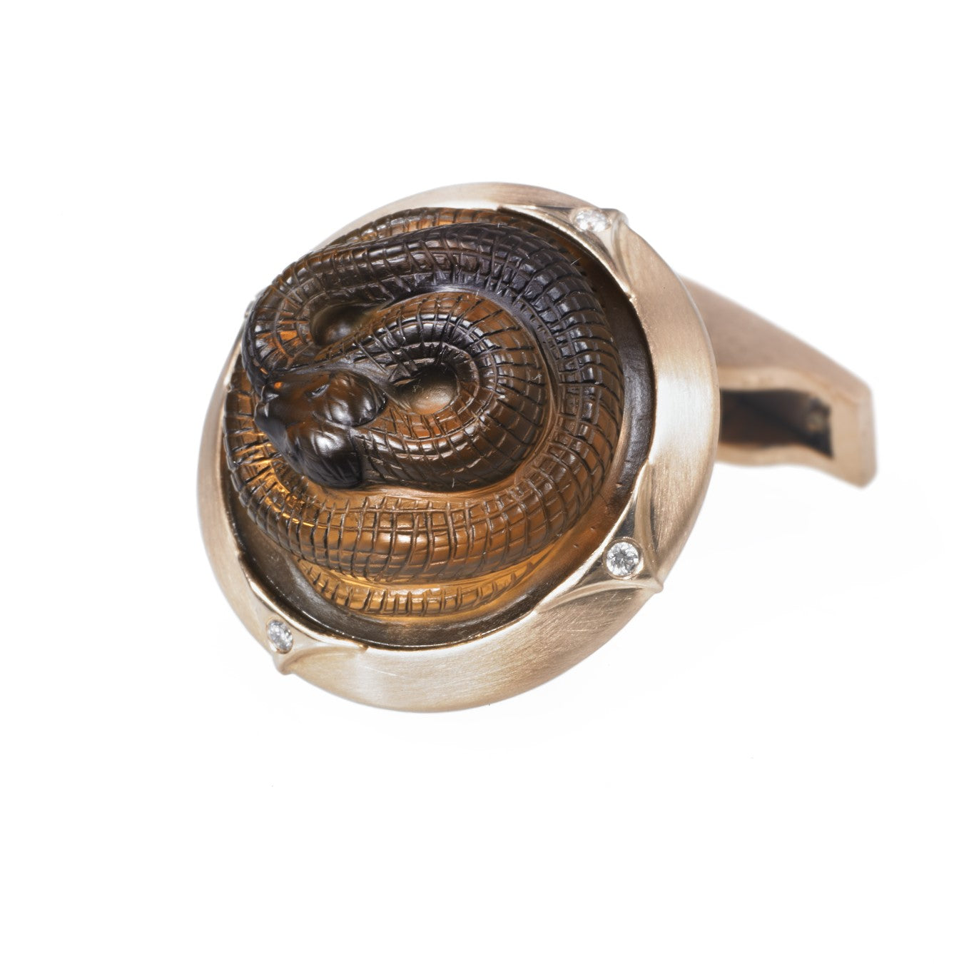 coiled snake smokey quartz with diamond inset border brushed 14ct rose gold cufflinks - main