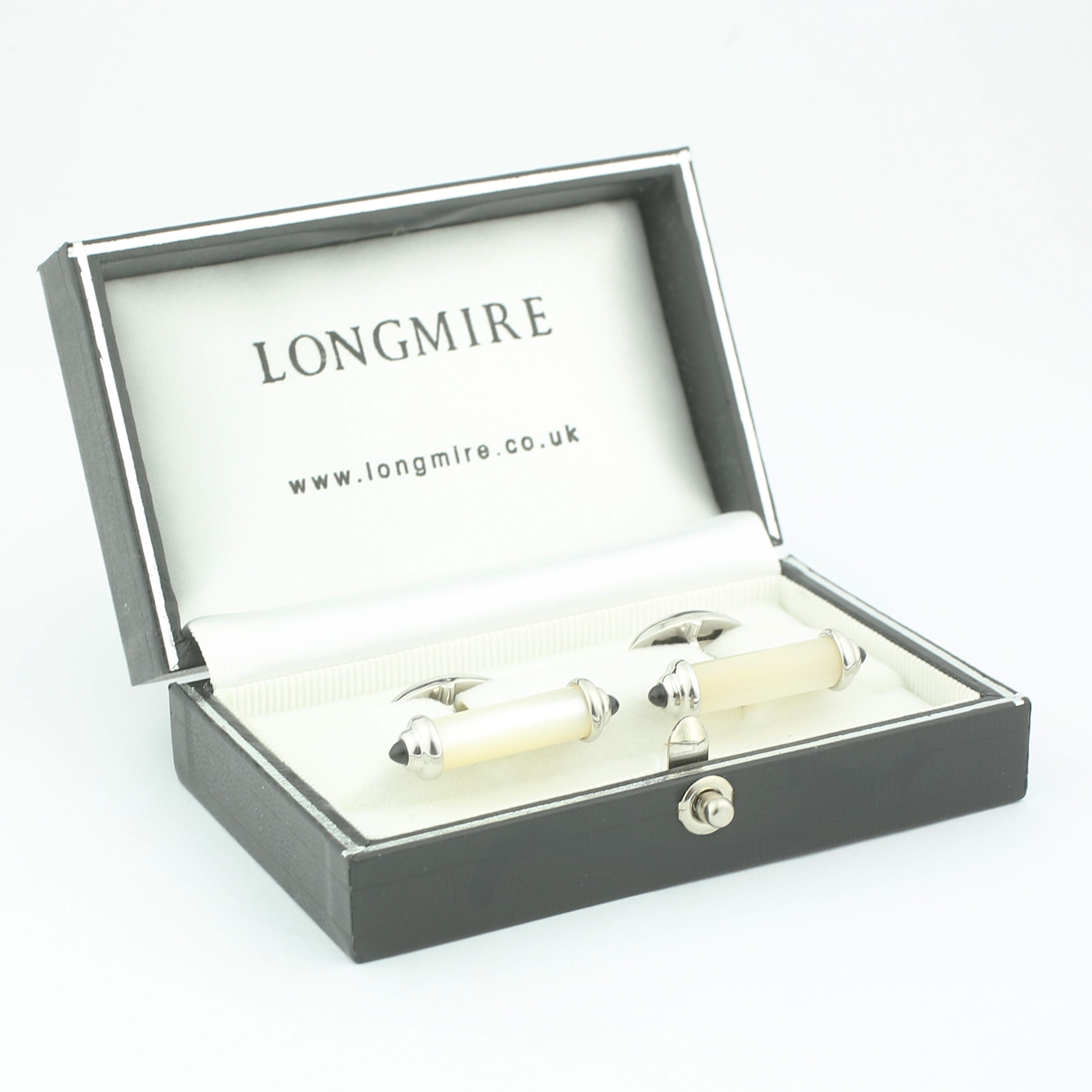 mother of pearl and onyx baton cufflinks in silver - boxed