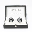 smiling skeleton skull rock crystal cabochon and onyx sterling silver cufflinks - boxed