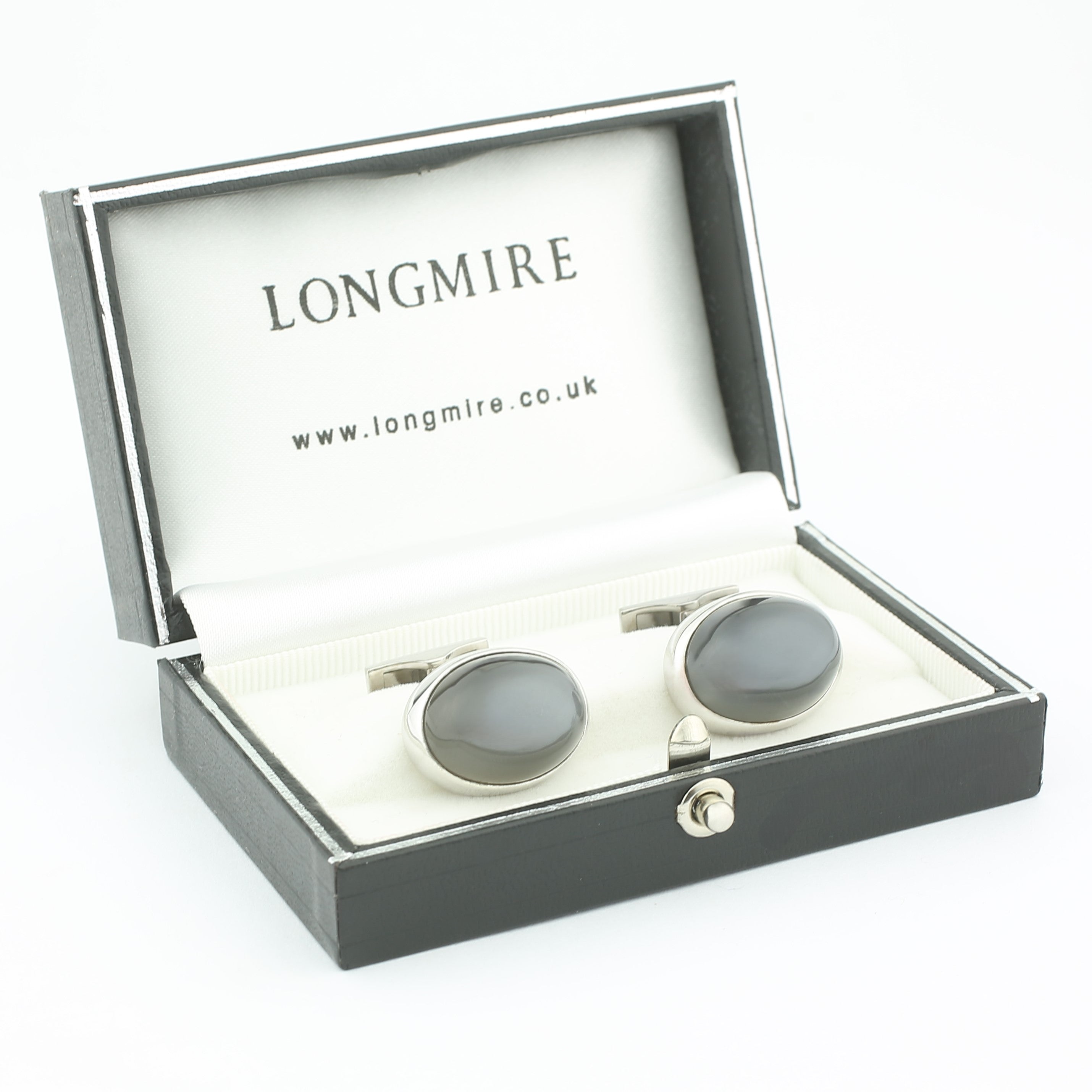 grey moonstone cabochon cufflinks set in silver - boxed