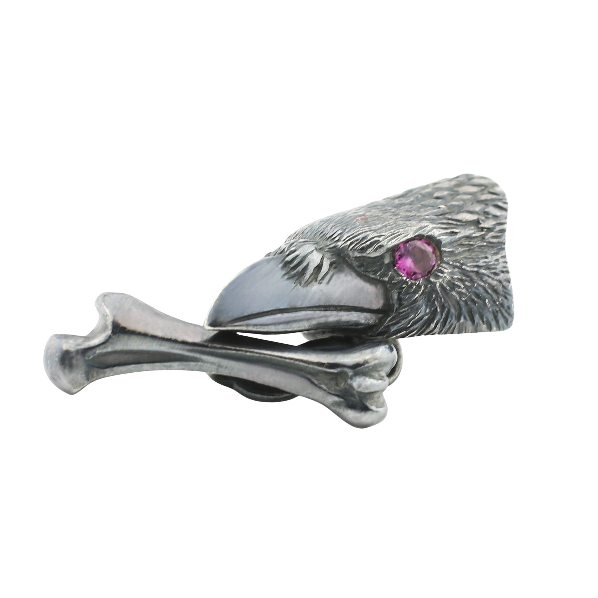 raven head with pink garnet eyes sterling silver cufflinks - side detail